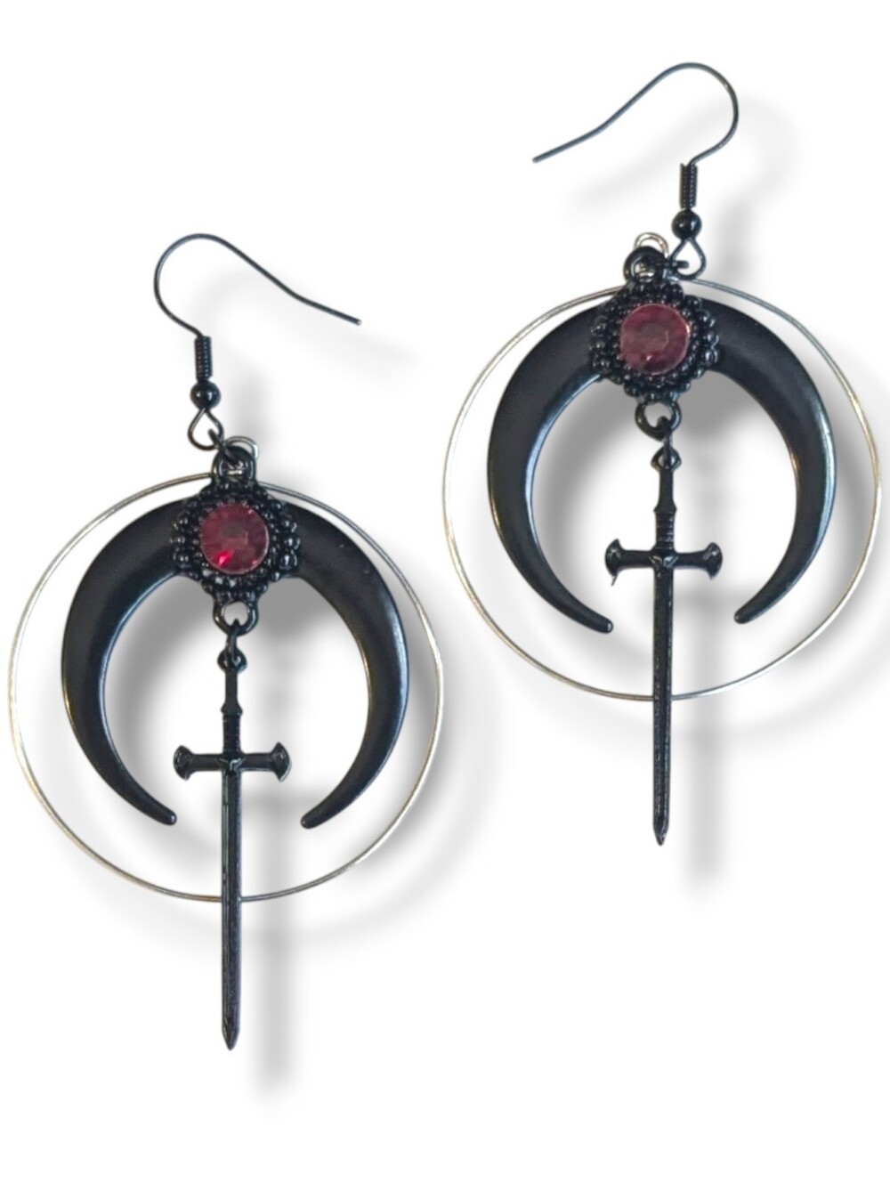 NWT Handmade Black Crescent Moon Sword Red Gem and Hoop Earrings